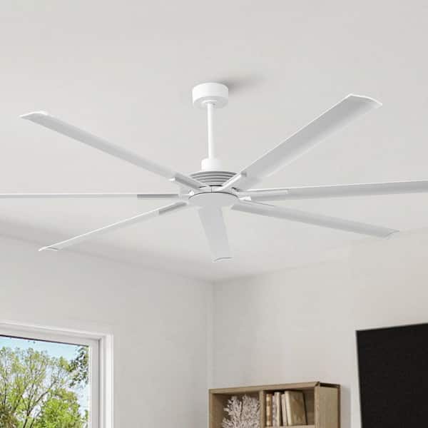 84 in. Indoor Industrial Matte White 7-Blade Downrod Mount Ceiling Fan with Remote Control and Reversible DC Motor