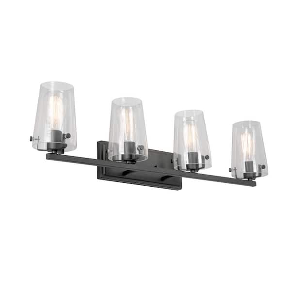Home Decorators Collection Creek Crossing 33.75 in. 4-Light Black Industrial Bathroom Vanity Light with Clear Glass Shades