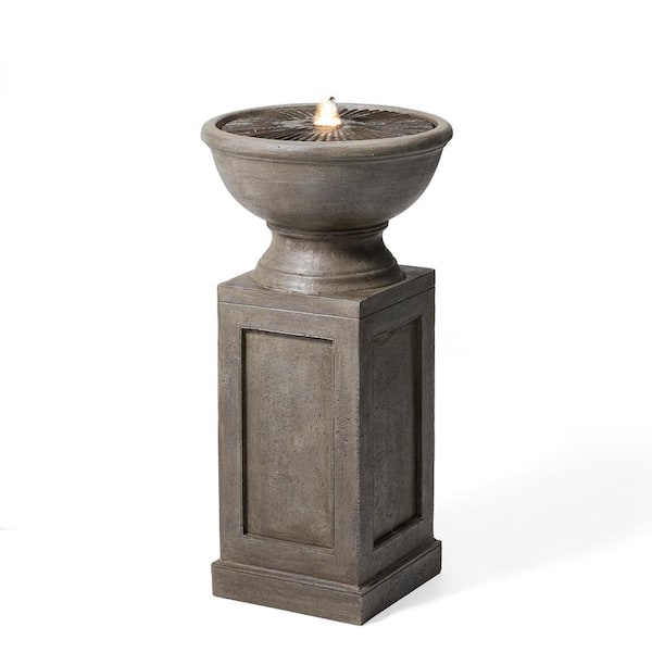 Glitzhome 28.25 in. H Faux Granite Embossed Texture Geometric Column Pedestal Polyresin Outdoor Fountain with Pump and LED Light