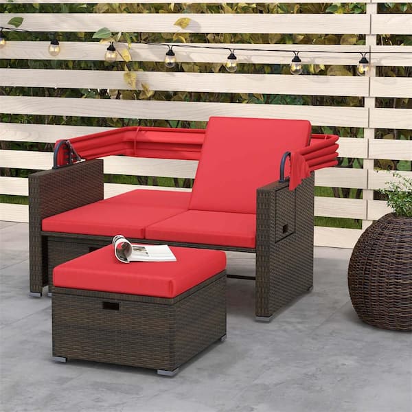 Wicker Outdoor Day Bed with Retractable Canopy and Adjustable Backrests Red Cushions