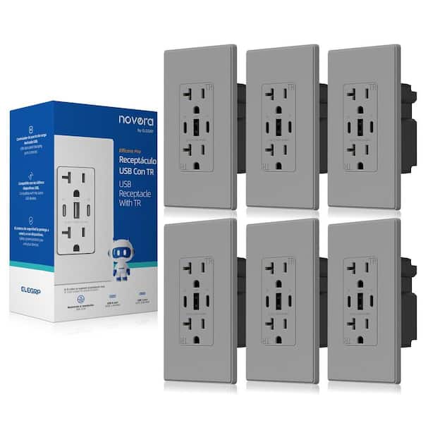 30W 6.0 Amp 3-Port USB Wall Outlet 20A Duplex Receptacle with Dual Type C and A Ports, w/ Wall Plate, Matte Grey 6-Piece