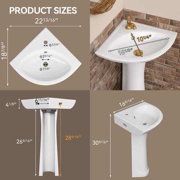 23 in. W x 19 in. D Triangular Corner Vitreous China Bathroom Pedestal Sink in White with 1-Overflow and 1-Faucet Hole