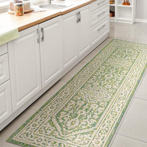 JONATHAN Y Sinjuri Cream/Green 2 ft. x 8 ft. Medallion Textured Weave Indoor/Outdoor Area Rug