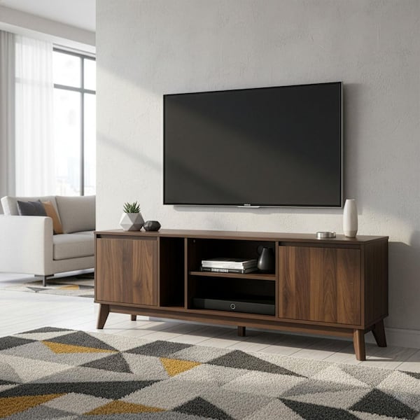 Anshu 56 in. Walnut Composite TV Stand Fits TVs Up to 91 in. with Storage Doors