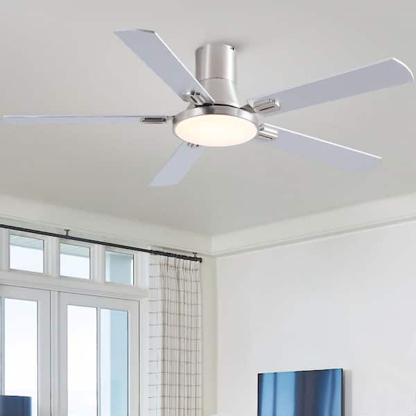 Thalion 52 in. Indoor/Outdoor Brushed Nickel Integrated LED Flush Mount Ceiling Fan with Remote and Dual-Finish Blades