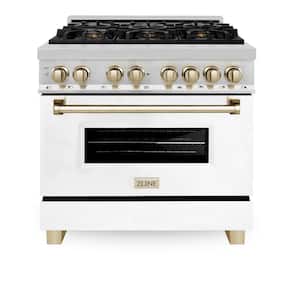 Autograph Edition 36 in. 6 Burner Dual Fuel Range in Stainless Steel, White Matte and Polished Gold