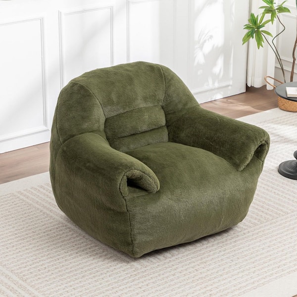 42.5 in. W Faux Fur Green Bean Bag Chair with Armrests and Backrest, Ergonomic Floor Chair