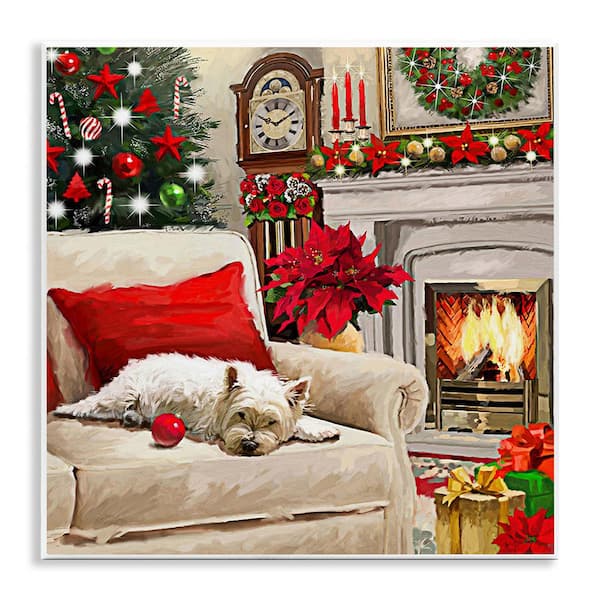 Stupell Industries Cozy Dog by Holiday Mantle by Adam Sanderson 1-Piece Unframed Graphic Print Animal Poster Art Print 12 in. x 12 in.