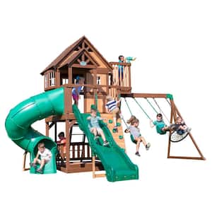 Skyfort All Cedar Wood Children's Swing Set Playset with Tube Slide, Elevated Clubhouse, Rockwall, Swings, and Web Swing