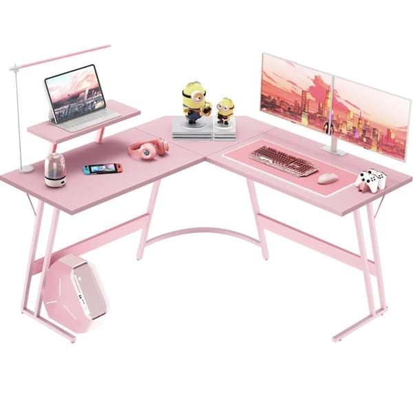 LACOO L Shaped Gaming Desk 51 in. Computer Corner Desk PC Gaming Table with Large Monitor Riser Stand(Pink)