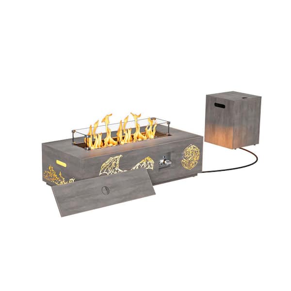 Rectangle Metal 42 in Outdoor Propane Fire Pit Table with Golden Light and Dragon Cutout