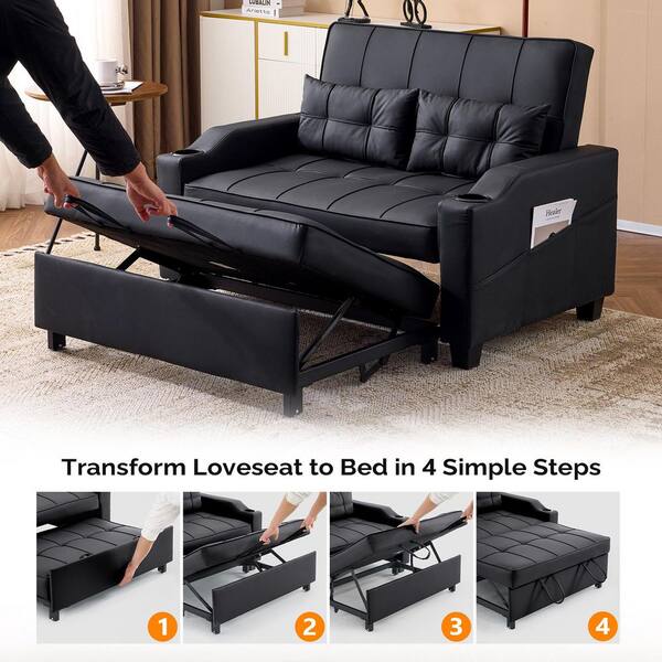 Winado 70.47 in. Black Cat-Scratch Leather Twin Size Sofa Bed