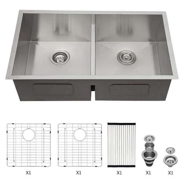 36 in. Undermount 50/50 Double Bowl 16-Gauge Brushed Nickel Stainless Steel Kitchen Sink with Bottom Grid & Drying Rack