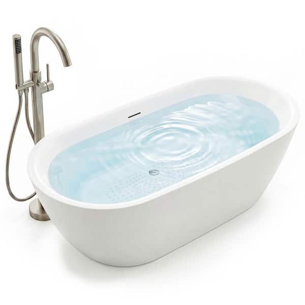Ami 59 in. x 30 in. Freestanding Soaking Bathtub in White with Center Drain & 2-Handle Nickel Freestanding Tub Faucet