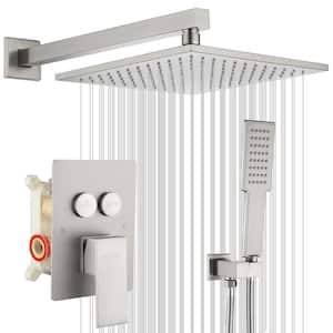 Single Handle 2-Spray Shower Faucet 1.8 GPM 10 in. Square Wall Mounted Shower with Pressure Balance in. Brushed Nickel