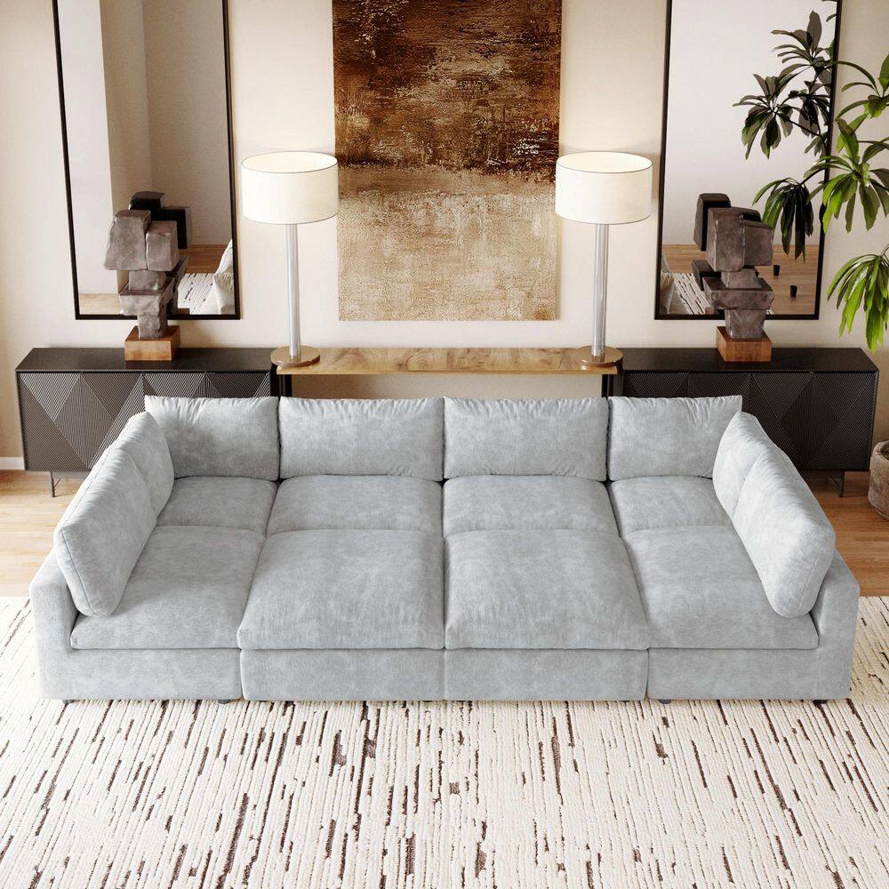Oversized 134 in. Square Arm 8-Piece Chenille Modular Sectional Sofa with 2-Chaise Ottomans, Detachable Coves in. Gray
