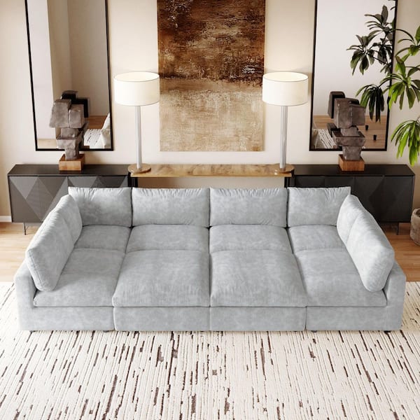 Oversized 134 in. Square Arm 8-Piece Chenille Modular Sectional Sofa with 2-Chaise Ottomans, Detachable Coves in. Gray