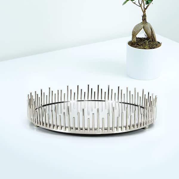 LIVING LUXURY Sunburst 12 in. Silver Round Metal Mirror Decorative Tray