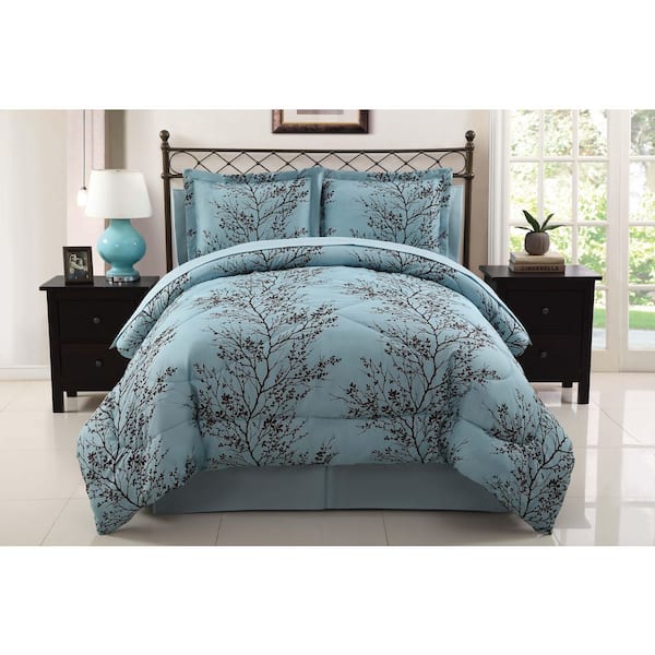 Brynn 8-Piece Blue Damask Polyester Microfiber Queen Bed-in-a-Bag Comforter Set