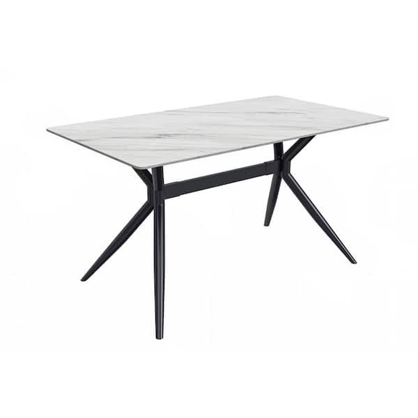 Leisuremod Elega Modern Dining Table 55 in. Sintered Stone Rectangular Top and Durable Stainless Steel Base, White