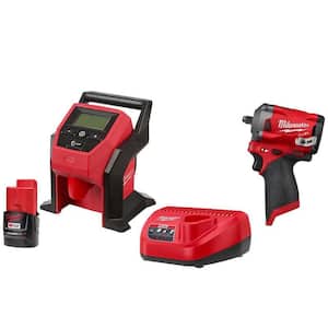 M12 Cordless Inflator w/2.0 Ah Battery and Charger with M12 FUEL Brushless Cordless Stubby 3/8 in. Impact Wrench