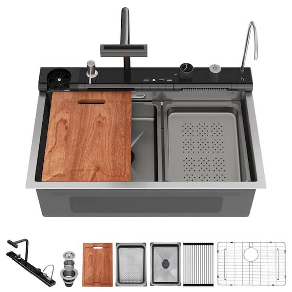 29.57 in. Drop-in Single Bowl Stainless Steel Workstation Kitchen Sink with Digital LED Display Waterfall Kitchen Faucet