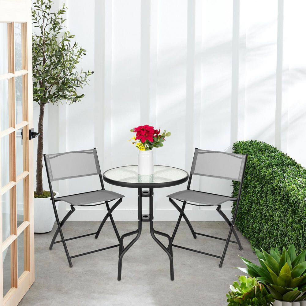 Gray 3-Piece Patio Bistro Set with Glass Tabletop and Folding Chairs