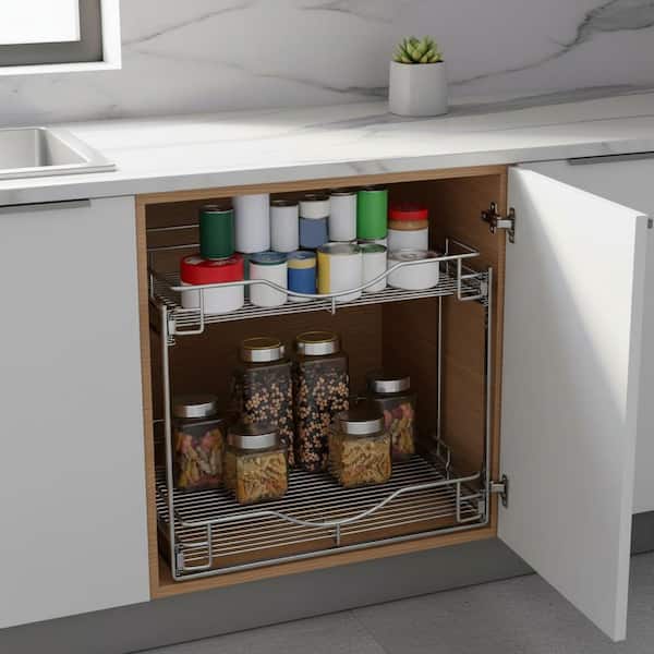 Chrome Finish Metal 2 Tier Pull Out Cabinet Organizer Slide Out Shelves for Kitchen Pantry Bathroom 1 Piece