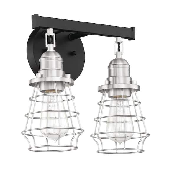 Thatcher 12 in. 2 Light Flat Black/Brushed Polished Nickel Finish Vanity Light with Brushed Nickel Metal Wire Shade