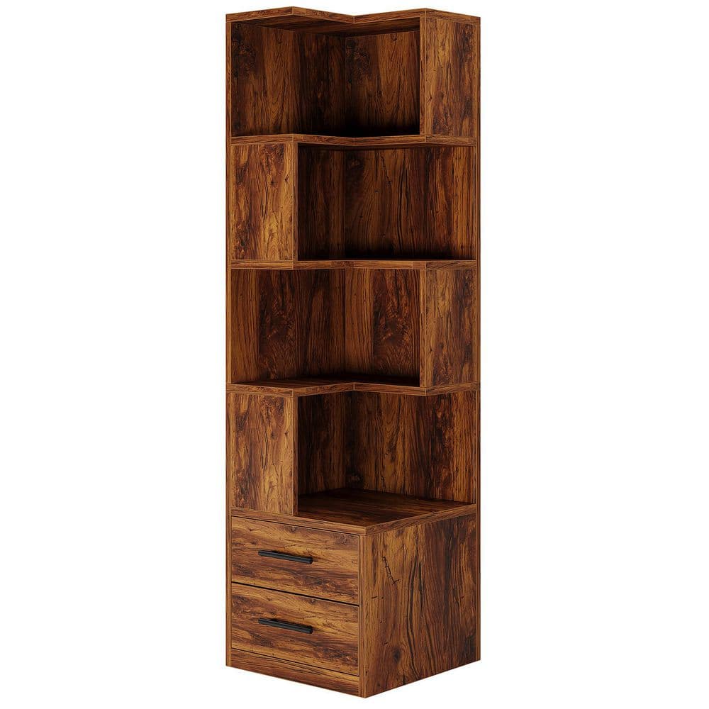 Eulas 66.9 in. Tall Brown Engineered Wood 4-Shelf Vintage Standard Bookcase Corner Bookshelf with 2 Drawers