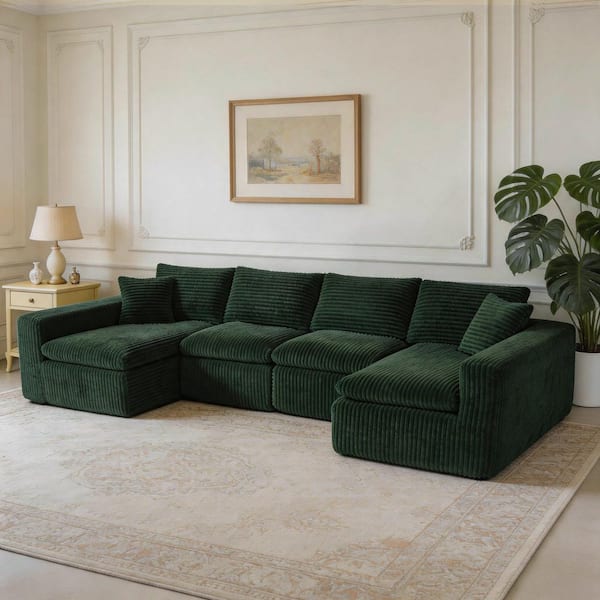 Mina Modern 130 in. Square Arms 6-Seater Corduroy Modular Compressed Sectional Sofa in Green with Chaise