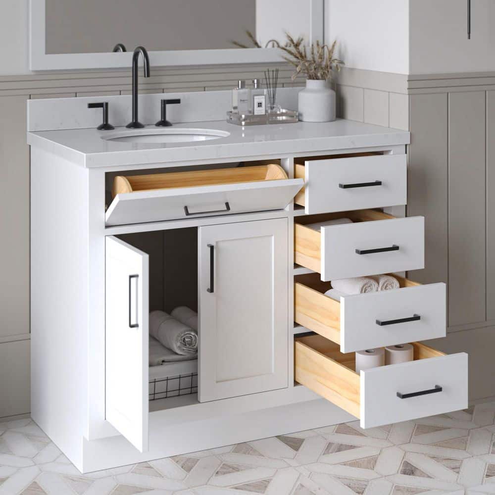 Sidmouth 42'' Solid Wood Single Bathroom Vanity with 1.5'' Carrara Quartz Top, Left Offset Oval Sink