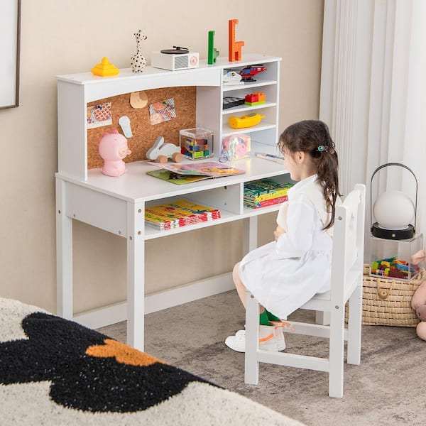 Costway 2 Piece Kids Desk and Chair Set Wood Top Study Writing Workstation with Hutch Bulletin Board White JU 10N123IT