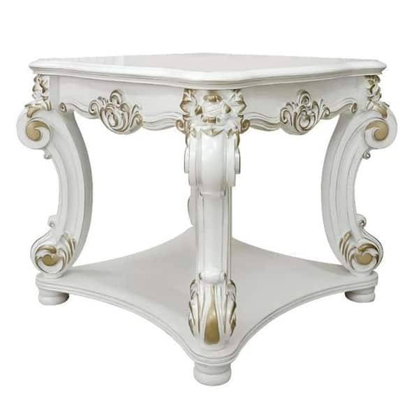 Benjara 30 in. White and Gold Square Wood End/Side Table with Scrolled Legs