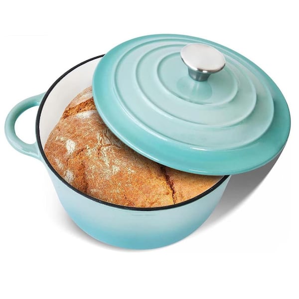 3 qt. Cast Iron Dutch Oven, Enamel Coated Cookware Pot with Self Basting Lid for Baking, Braising, Cooking, Aqua