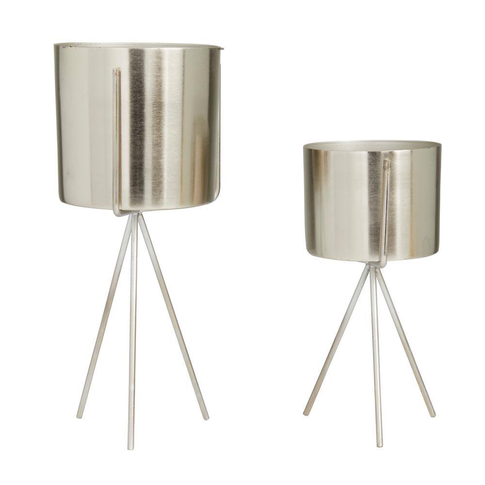Silver Contemporary Round Metal Planter with Stand, 12" Height