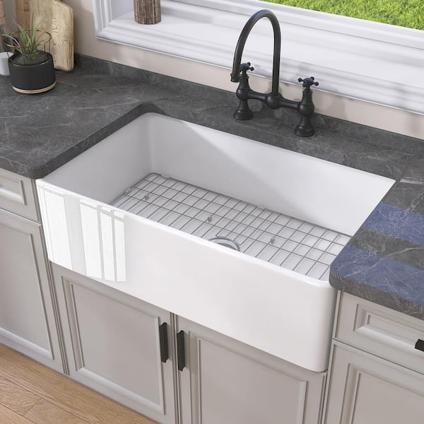 Getpro Fireclay White 33 inch Single Bowl Farmhouse Apron Farm Kitchen Sink with Stainless Steel Grid and Strainer