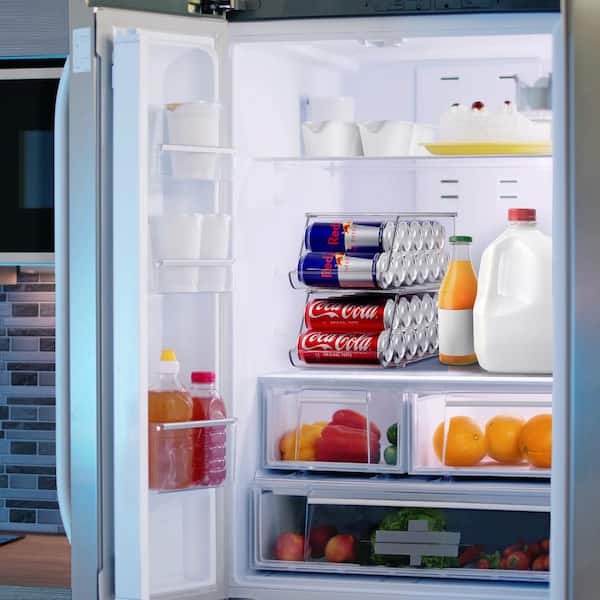 4 Pack Clear Stackable Skinny Soda Can Organizer and Dispenser with Lids, Holds 12 Cans Each