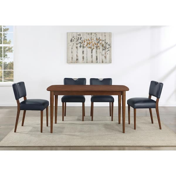 Unbranded Bonito 59-in. Rectangular 5-piece Dining Set in Walnut Finish with Midnight Blue Faux Leather