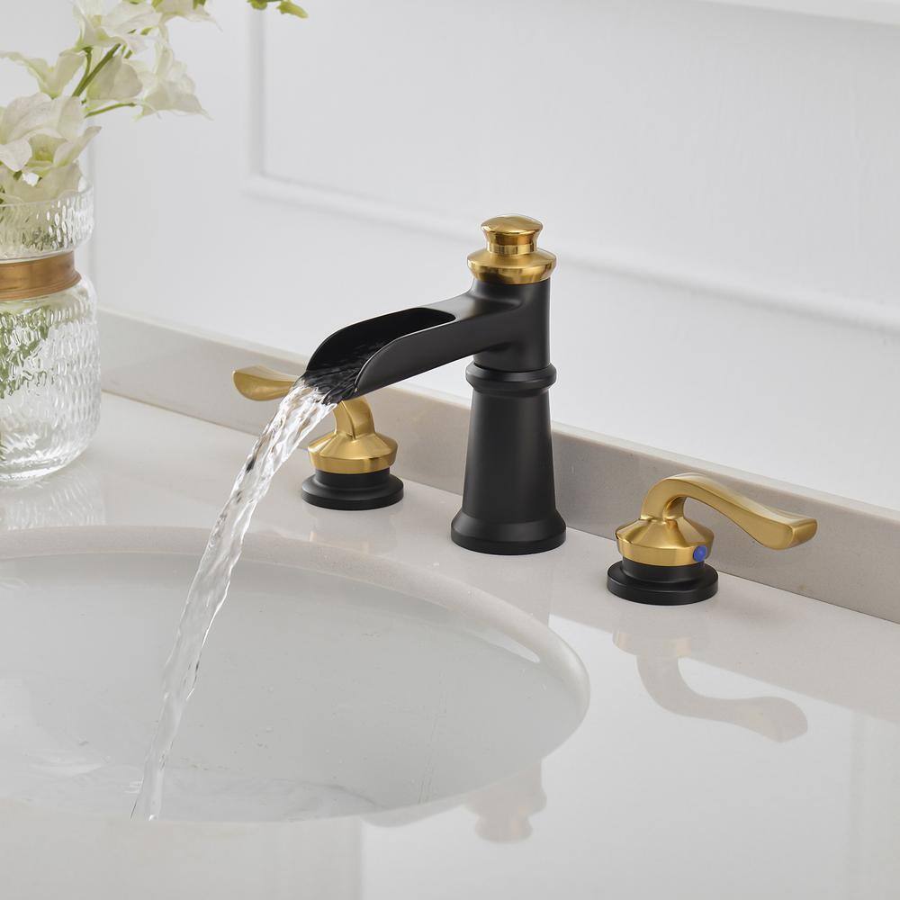 8-Inch Black and Gold Waterfall Widespread Bathroom Faucet