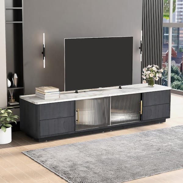 Harper Bright Designs Black Modern TV Stand Fits TVs up to 70 in. with White Exquisite Imitation Marble Top Sliding Doors Cabinet 4 Drawers GLK016AAB The Home Depot