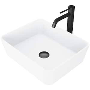 Matte Stone Marigold Composite Rectangular Vessel Bathroom Sink in White with Faucet in Matte Black and Pop-Up Drain