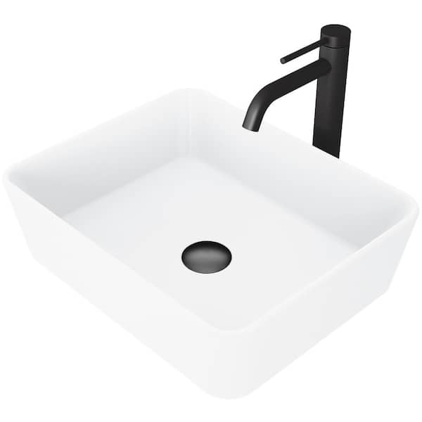 VIGO Matte Stone Marigold Composite Rectangular Vessel Bathroom Sink in White with Faucet in Matte Black and Pop-Up Drain