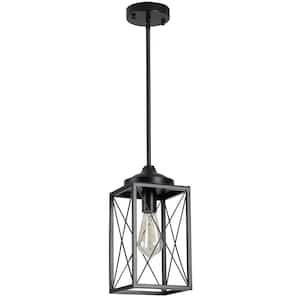 1-Light Black Metal Caged Chandelier Lantern Pendant with No Bulbs Included