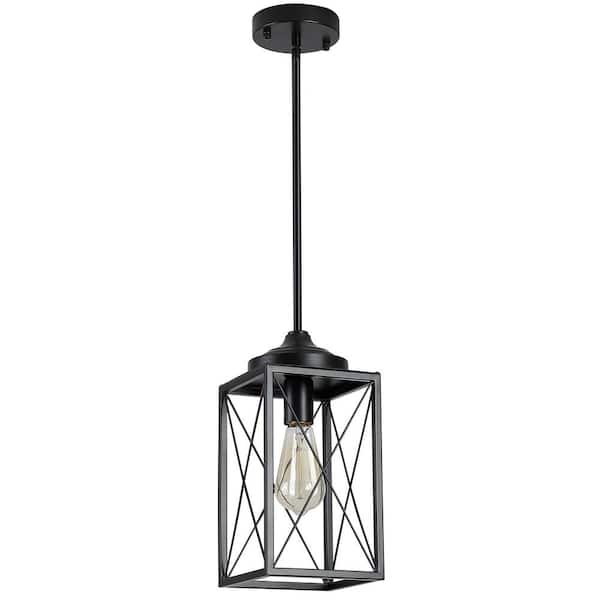HKMGT 1-Light Black Metal Caged Chandelier Lantern Pendant with No Bulbs Included