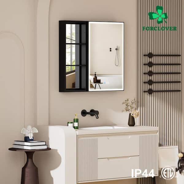 32 in. W x 30 in. H Rectangular Black Aluminum Recessed/Surface Mount LED Medicine Cabinet with Mirror and Outlet
