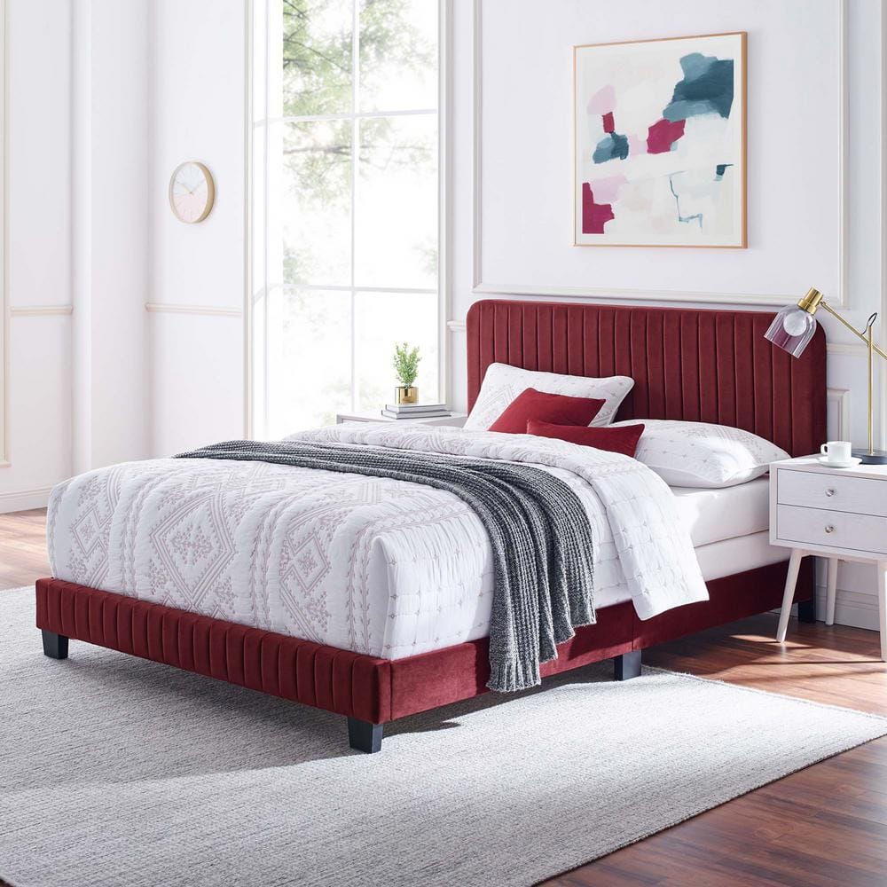 Glam Deco Maroon Velvet Tufted Twin Bed with Sturdy Frame