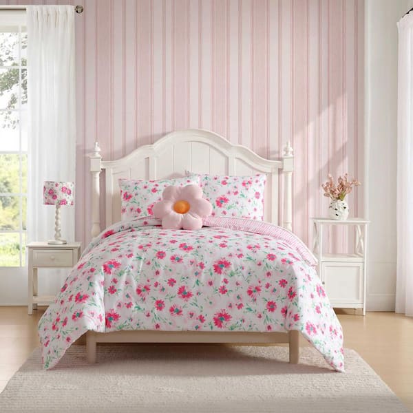 Laura Ashley Meadow Daisies 3 Piece White/Fuschia Microfiber Twin Comforter Bonus Set