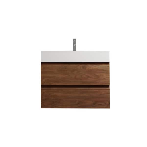 Boosicavelly 29.50 in. W x 18.13 in. D x 24.44 in. H Single Sink Wall Mounted Bath Vanity in Brown Oak with White Resin Top