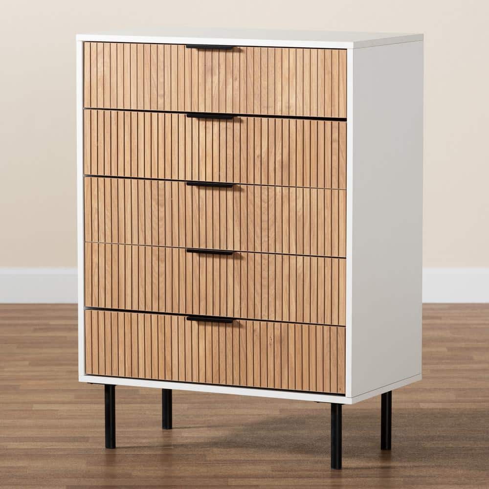 Karima Mid-Century Modern White and Natural Brown Wood Chest of Drawers